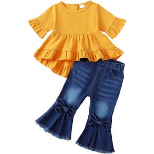Kucnuzki Toddler Baby Girls Clothes Long Sleeve Shirt Top Flare Denim Jeans Cute Outfit Baby Girl Fall Winter Clothes (12-18 Months)