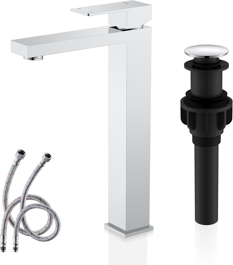 KENES Chrome Bowl Vessel Sink Facuet Single Handle Tall Bathroom Sink Faucet Bathroom Vanity Faucet Basin Mixer Tap with Water Supply Lines and Pop Up Sink Drain, LJ-9031A-5