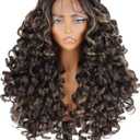 SOKU Long Curly Lace Front Wig for Black Women Highlight 13x4x1 Synthetic Lace Front Wigs Glueless Pre-Plucked Hairline with Baby Hair 22 Inch Heat Resistant (Highlight Brown)