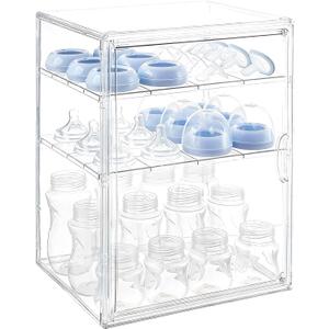 Baby Bottle Organizer, 3 Tiers Adjustable Clear Acrylic Baby Bottle Storage Organizer with 3 Removable Dividers and Magnetic Door, Suitable for Countertop and Kitchen