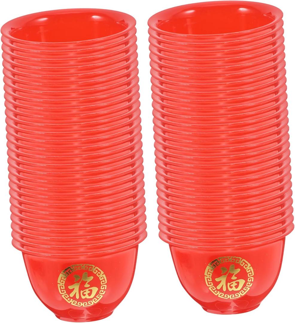 Luxshiny Traditional Chinese Wedding Wine Cups Plastic Red 50pcs Shot Glasses for Home Restaurant