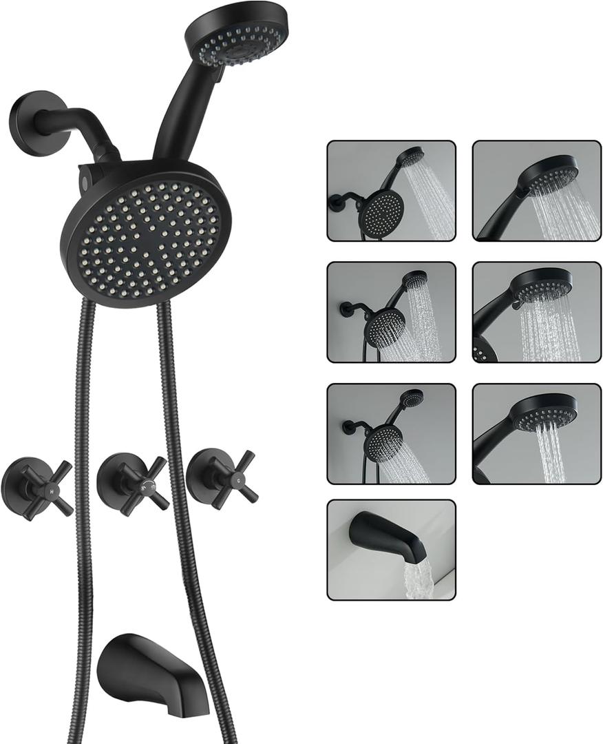 LIWEIKE 3 Handle Tub Shower Faucet, Matte Black Three Handles Shower Faucet Set with Tub Spout Black Shower Faucet 3 Knob Brass Rough-in Valve