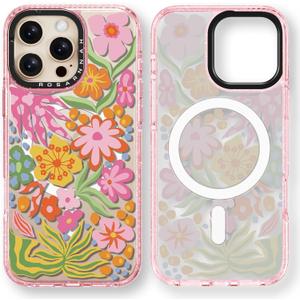 for iPhone 16 Pro Max Case Cute - Compatible with Magsafe - Durable Shockproof 6.6 ft Drop Impact Phone Case - Funny Passion Flower Design (6.9") Glitter Pink