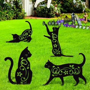 Elcoho 4 Pack Black Cat Silhouette Cute Metal Cat Garden Statues Bird Repellent Decorative Garden Stakes for Yard, Garden, Lawn Outdoor Decorations