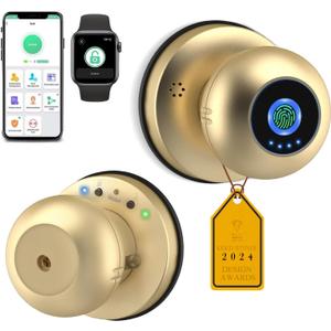 eLinkSmart Fingerprint Door Lock Smart Ball Door Knob with Key Keyless Entry Door Lock for Bedroom Apartment with Privacy Mode Bluetooth App iOS Watch Control Glod