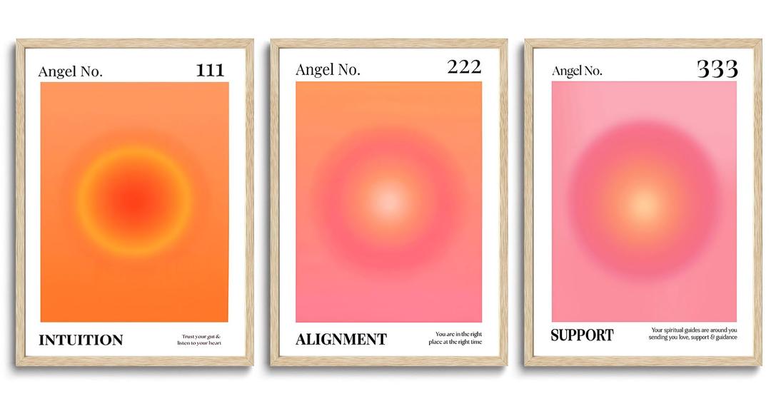 KISSFOX 3 Piece OAK Wood Framed Wall Art Pink Orange Wall Decor Aura Canvas Art Angel Number Pictures Trendy Aesthetic Preppy Paintings For Apartment Dorm Women Girls Bedroom