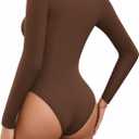 MANGOPOP Henley Bodysuit for Women Button Down Long Sleeve Tops Body Suits Dressy Blouse Casual (Brown, XL)