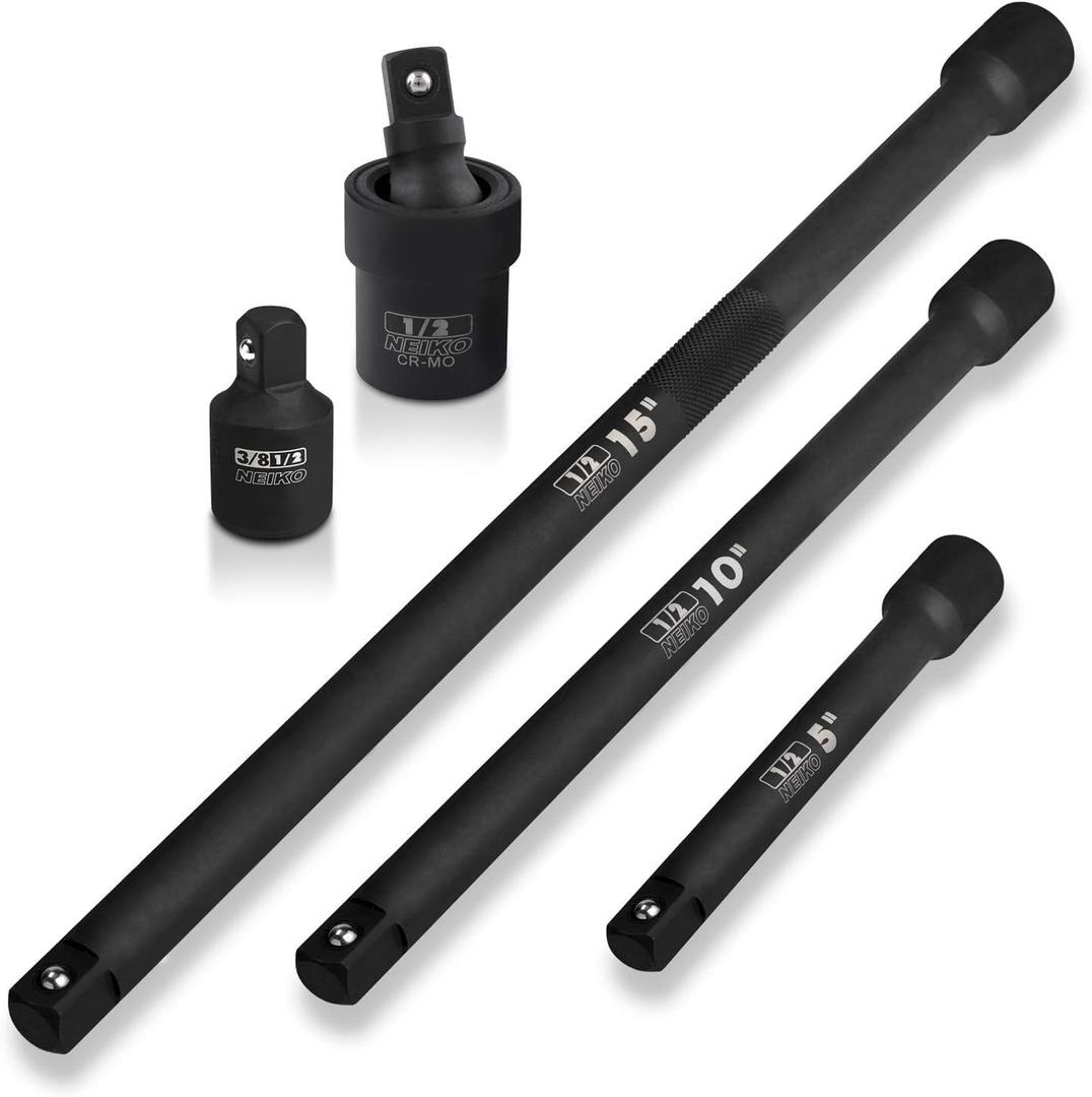 Neiko 00256A 1/2-Inch Drive Impact Extension Bar and Adapter Set, 5-Piece | Includes 5, 10, 15-Inch Extension Bars, Universal Joint, and Reducer