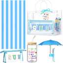 Remerry 6 Pcs Teacher Appreciation Gifts Summer End of School Year Teacher Beach Gifts Set Include Beach Towel Glass Cup Sun Makeup Bag Phone Umbrella Thank You Gift Bags Tags with Rope(Blue)