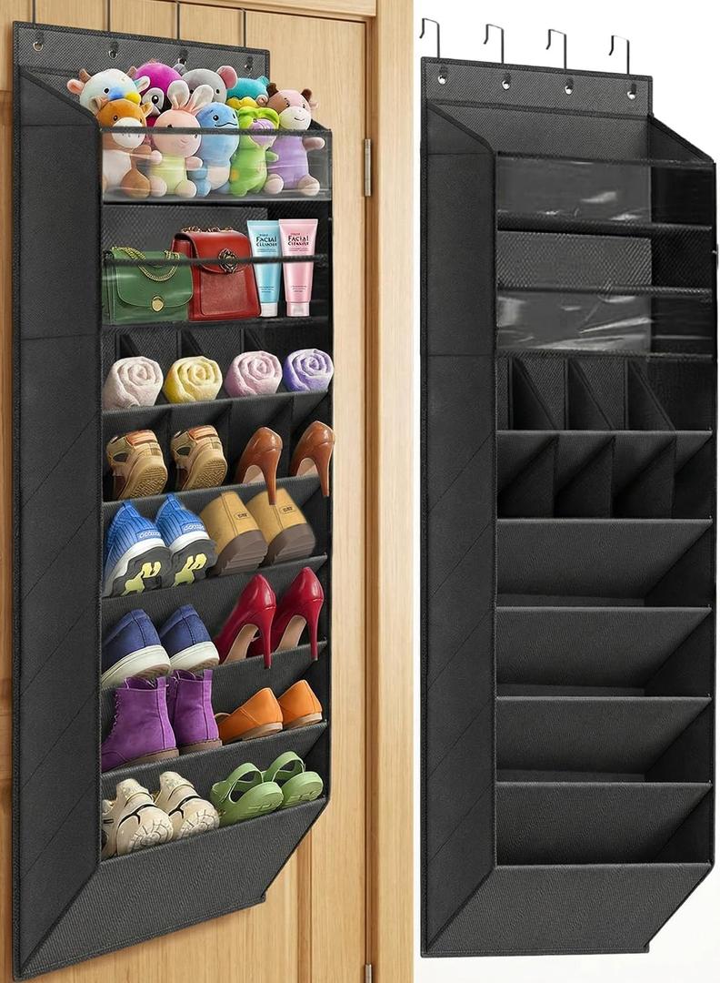 Over The Door Shoe Storage Organizer, 8 Tiers Hanging Shoe Rack Behind Door Shoe Holder with 6 Large Deep Pockets 8 Small Pockets, Narrow Shoe Rack for Closet Bedroom Bathroom Nursery RV Dorm, Black