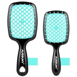 Aussumy Vented Detangling Hair Brush - 2 Pack Regular & Mini Round Detangler Hairbrush with Soft Bristles for Effortless Tangle Free - Ideal for Wet Dry or Damaged Hair for Women Men Kids - Green