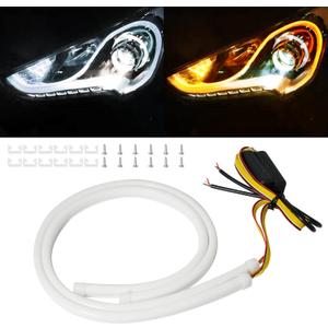 Qasim 24inch LED Daytime Running Light Sequential Guide Turn Signal Light White/Amber Flexible Car Light Strip Switchback 60CM-2Pack