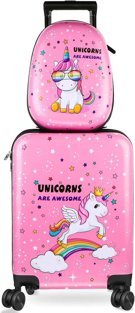 Weewooday Kids Luggage and Backpack 18 Suitcase with Spinner Wheel Hard Case Travel 13 Backpack Girl Suitcase Set for Kids Travel Supplies(Pink,Unicorn Style), 18 X 11.5 X 8 Inches