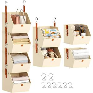 Homsorout Hanging Closet Organizer 4 Tier - Clothes Hanging Shelves, Space-Saving Closet System, Fabric Storage Bins Bedroom Organization, Collapsible Baskets for Home, Dorm, Rv, Beige