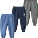GFQLONG Toddler Boys 3 Pack Cotton Active Jogger Pants,Kids Cartoon Sweatpants Casual Lounging Bottoms (4-5T, Excavator+ Bulldozer+ Bus)