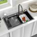 Logmey 33 In Drop in Waterfall Sink Gunmetal Black Nano PVD Multifunctional Workstation Sinks,16 Gauge Stainless Steel,Ideal for Home Cooking,Cleaning & Daily Kitchen Use,Double Step,5 Hole