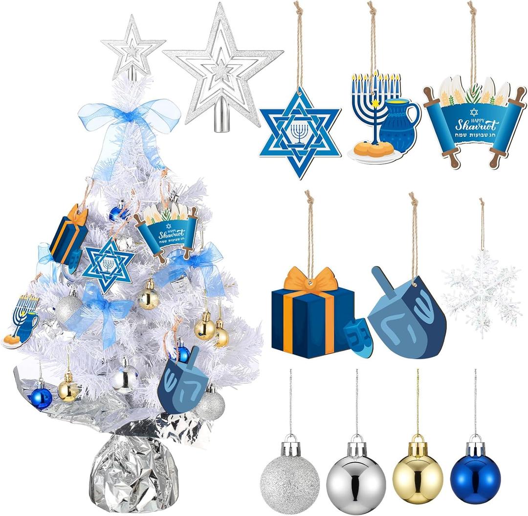 Soulchen 24 Inch Hanukkah Decor Tabletop Mini White Hanukkah Tree with Lights, 10 Pcs Chanukah Hanging Ornaments, Star Topper, Jewish Menorah Dreidel Star Table Ornaments for Chanukah