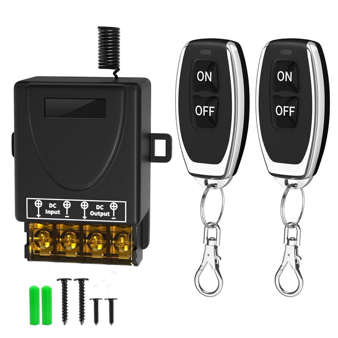 30A Heavy Duty Wireless Remote Control Switch Kit - DC 12V/24V/48V/72V Long Range 328ft RF Relay, Waterproof On/Off Switch for Lights, Fans, Pumps, Motors (Home & Industrial Use)