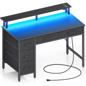 Seventable Computer Desk with Power Outlets & LED Light, 39 inch Home Office Desk with 5 Drawers, Writing Desk with Monitor Stand,Work Desk for Home Office, Black