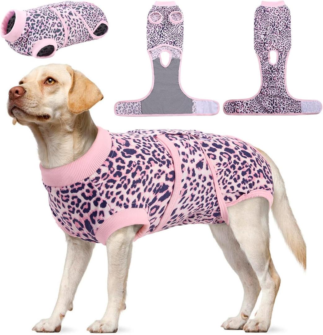 Kuoser Dog Surgery Suit, Comfy Dog Recovery Suit Female Doggie Onesie for Surgery, Post-Op Onesie for Female & Male Dogs, Soft Protective Wear, PinkLeopard XL (XL (Back:20.1-24.8'', Weight:42-75 LB))