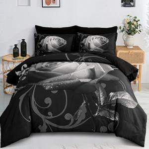 Xruibed Floral Comforter Queen Black Bed in a Bag Rose 7PCs Comforter Set Soft Micorfiber Bedding Set (1 Comforter,2 Pillow Shams,1 Flat Sheet,1 Fitted Sheet,2 Pillowcases)