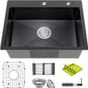 Black 25x18 Inch Kitchen And Bar Sink-Stainless Steel Drop In Single Bowl Topmount Kitchen&Bar Sink With SS Grid,Soap Dispenser,Colander,Spoon Rest,Drain Strainer Set for Modern Kitchen Sink, 25x18x9 inches