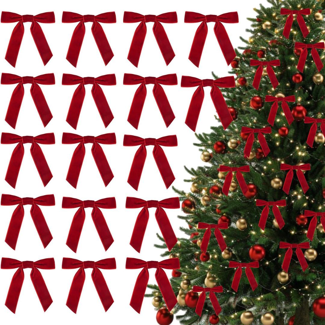 24pcs Christmas Red Bows Ornament 4.5x4.5 Inch Velvet Wreath Bows Xmas Tree Topper Ribbon Hanging Bows for Christmas Holiday Home Outdoor Indoor Party Garland Crafts Decoration