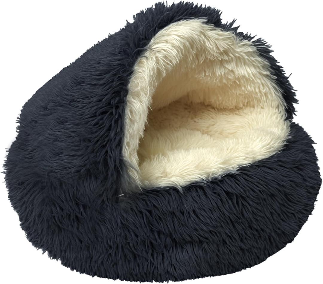 ShinHye Cat Bed Round Plush Fluffy Hooded Cat Bed Cave, Cozy for Indoor Cats or Small Dog beds, Soothing Pet Beds Doughnut Calm Anti-nxiety Dog Bed - Waterproof Bottom Washable (2020inch, Dark Grey)