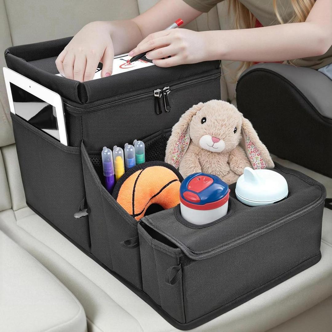 Car organizer for kids Backseat Organizer for Kids and Passenger Seat Organizer for Adults Car Seat Cooler and Warmer with Cup Holders and Convertible Tray Lid(Black)