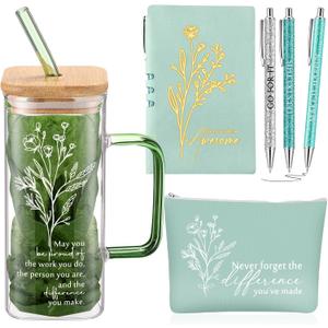 Abbylike 6 Pcs Employee Appreciation Gift for Women Team Coworker Staff Office Thank You Gift May You Be Proud 14oz Glass Tumbler with Handle Women's History Month Makeup Bag Journal Ballpoint(Green)