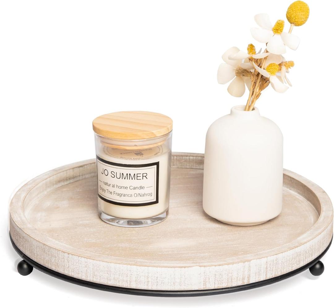 GENMOUS Round Wooden Tray for Coffee Table, Decorative Tray with Iron Bead for Living Room Decor, Candle Tray Rustic Farmhouse Trays Centerpiece for Home Decor, Kitchen Counter Table Dining Decor