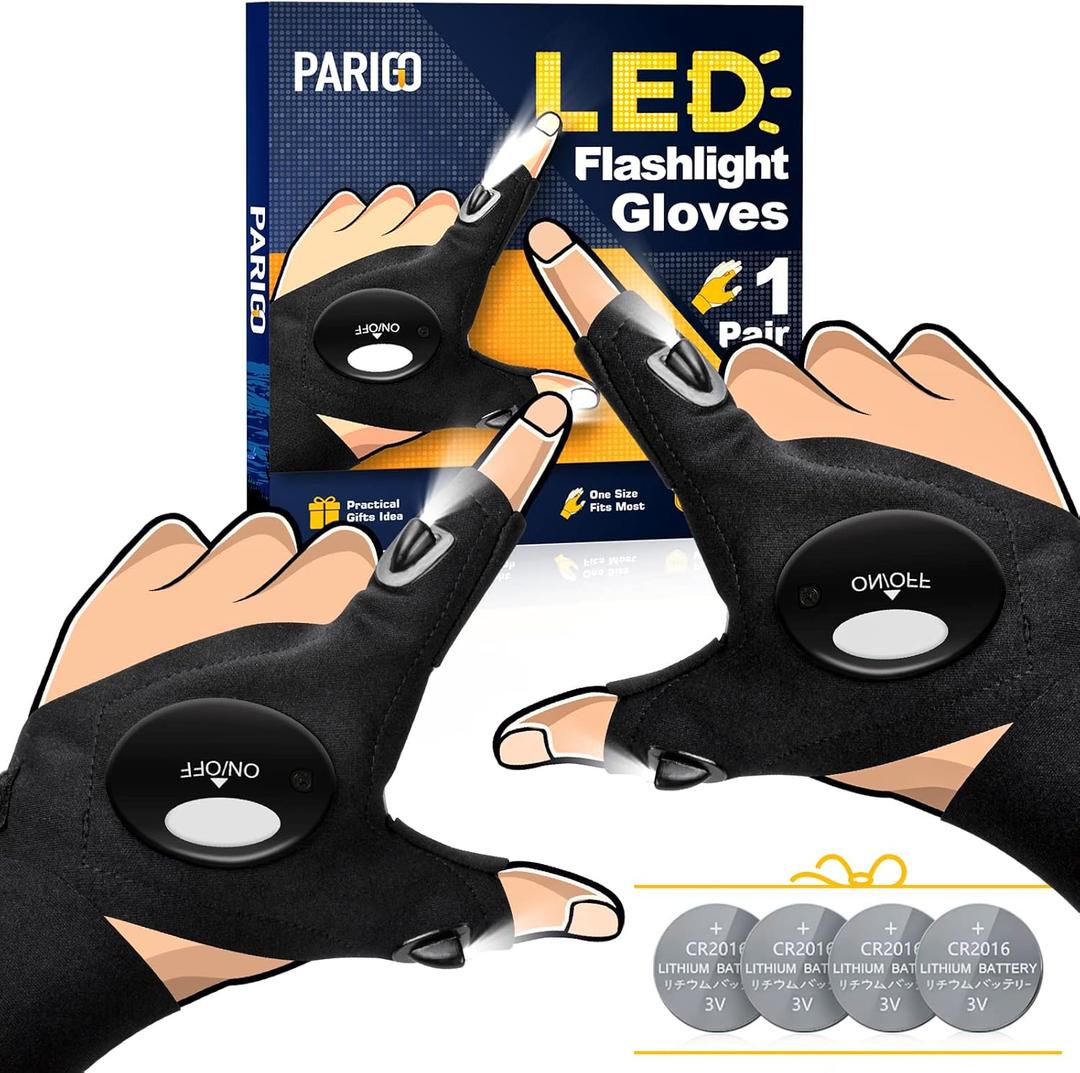 PARIGO LED Flashlight Gloves Dad Gifts for Fathers Day, Unique Mens Birthday Gift Ideas, Car Repairing Camping Gadgets for Men, Papa Uncle Step Dad Gifts for Husband Grandpa Fathers Day Fishing Gifts (Black)