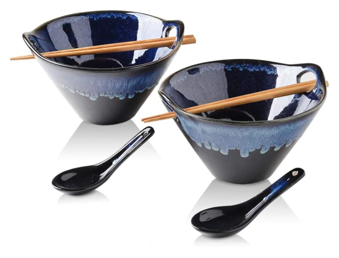 KOOV Porcelain Japanese Ramen Bowls with Chopsticks and Spoons, 26 Ounce, Deep Pho Bowl, Reactive Glaze (Blue Galaxy), Set of 2