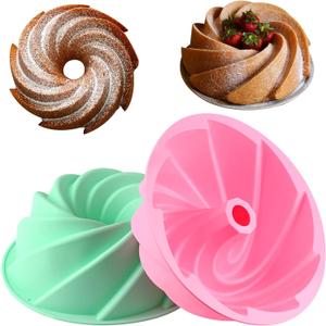 HUAKENER Large Fluted Cake Pan (2 Pack) - Nonstick Fluted Tube Pan, Large Round Silicone Mold for Cake, Brownie, Cornbread, Jello Cake  (9 Inch)
