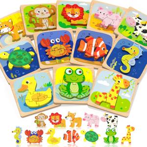 Benresive Wooden Toddler Puzzles, 12pcs Animal Montessori Toys for 1-3 Year Old Boys & Girls, Learning Educational Preschool Toys, Great Easter Basket Stuffers Gifts for 1 2 3 Year Olds