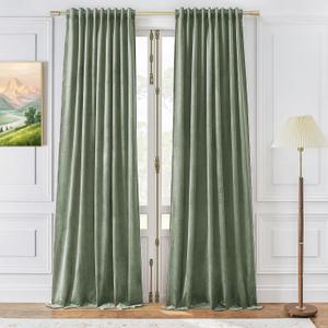 Timeper Sage Green Pleat Back Tab Velvet Curtains W52 x L84 inches 2 Panels, Room Darkening Solid Home Decor Curtains for Bedroom Living Dining Room Thermal Insulated Luxury Super Soft Window Drapes
