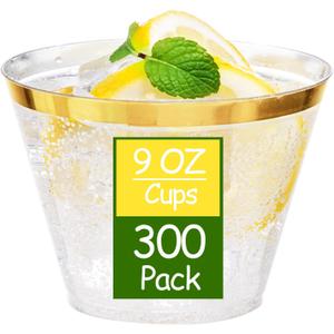 Ciaell 300PCS Gold Plastic Cups - 9 Oz Heavy Duty Plastic Cups - Gold Rimmed Disposable Cup - Disposable Clear Wine Cup with Gold Rim for Party & Wedding & Thanksgiving