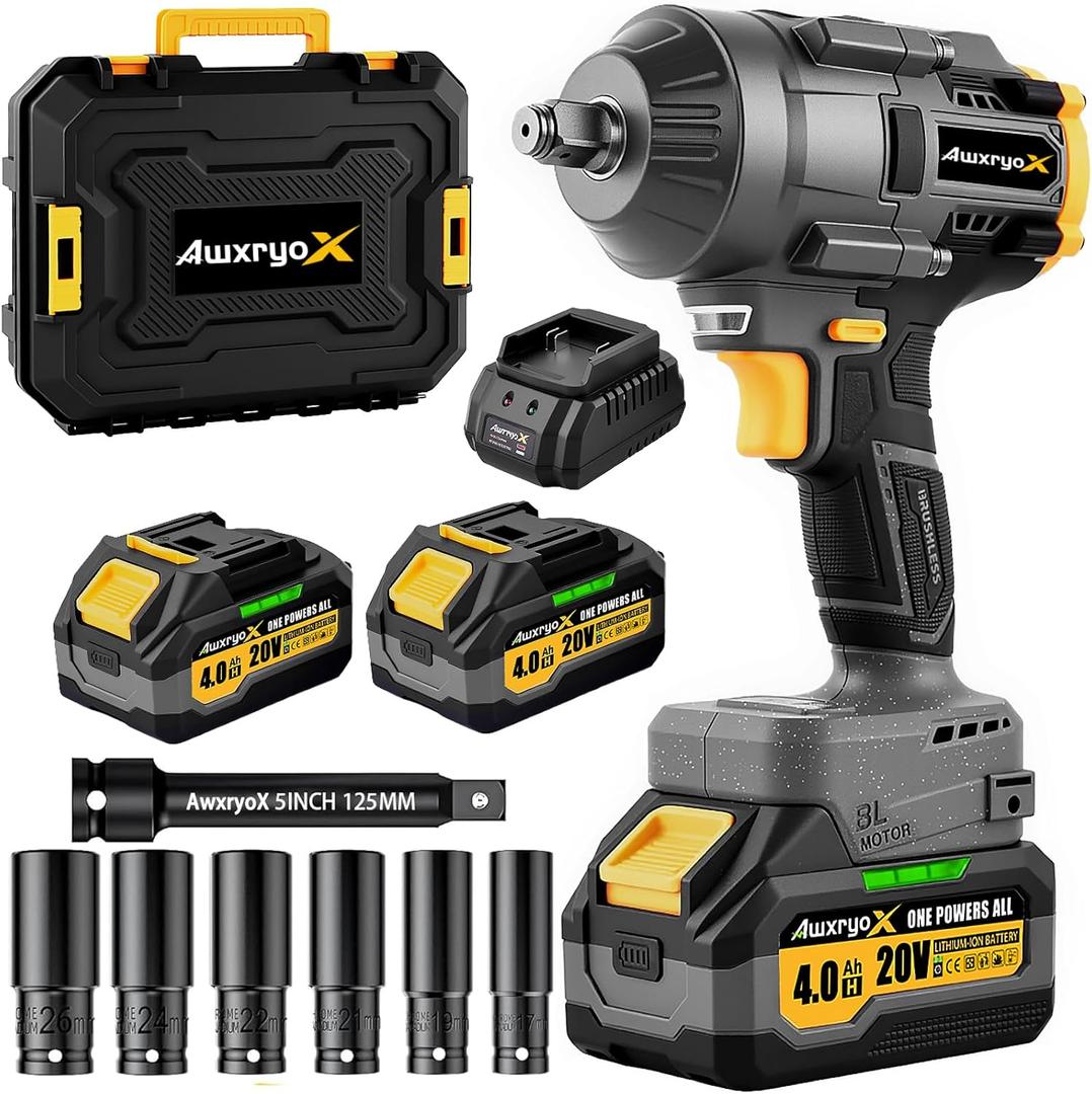 1500Nm 1/2" Cordless Impact Wrench, 20V 2026 Upgraded Brushless Impact Gun with 2 x 4.0Ah Battery, 1107ft-lbs High Torque Pistola De Impacto w/ 6 Socket, Electric Taladros for Truck/Car/Mower