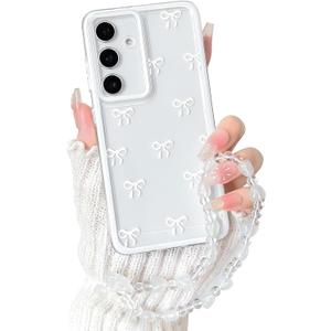 NITITOP Compatible with Samsung Galaxy A15 Case Clear Ribbon Bow Knot Pattern for Girls Women Bowknot Durable with Chain Wrist Strap Soft TPU Shockproof Protective Phone Cover - White