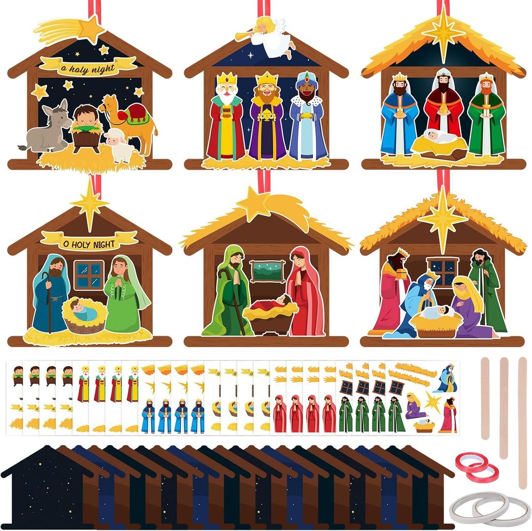 Funrous 24 Set Christmas Make a Nativity Scene Sticker Crafts DIY Stick Advent Craft Religious Hanging Ornaments for Christmas Tree Holy Night Christian Party Favors Classroom Activities(Nativity)