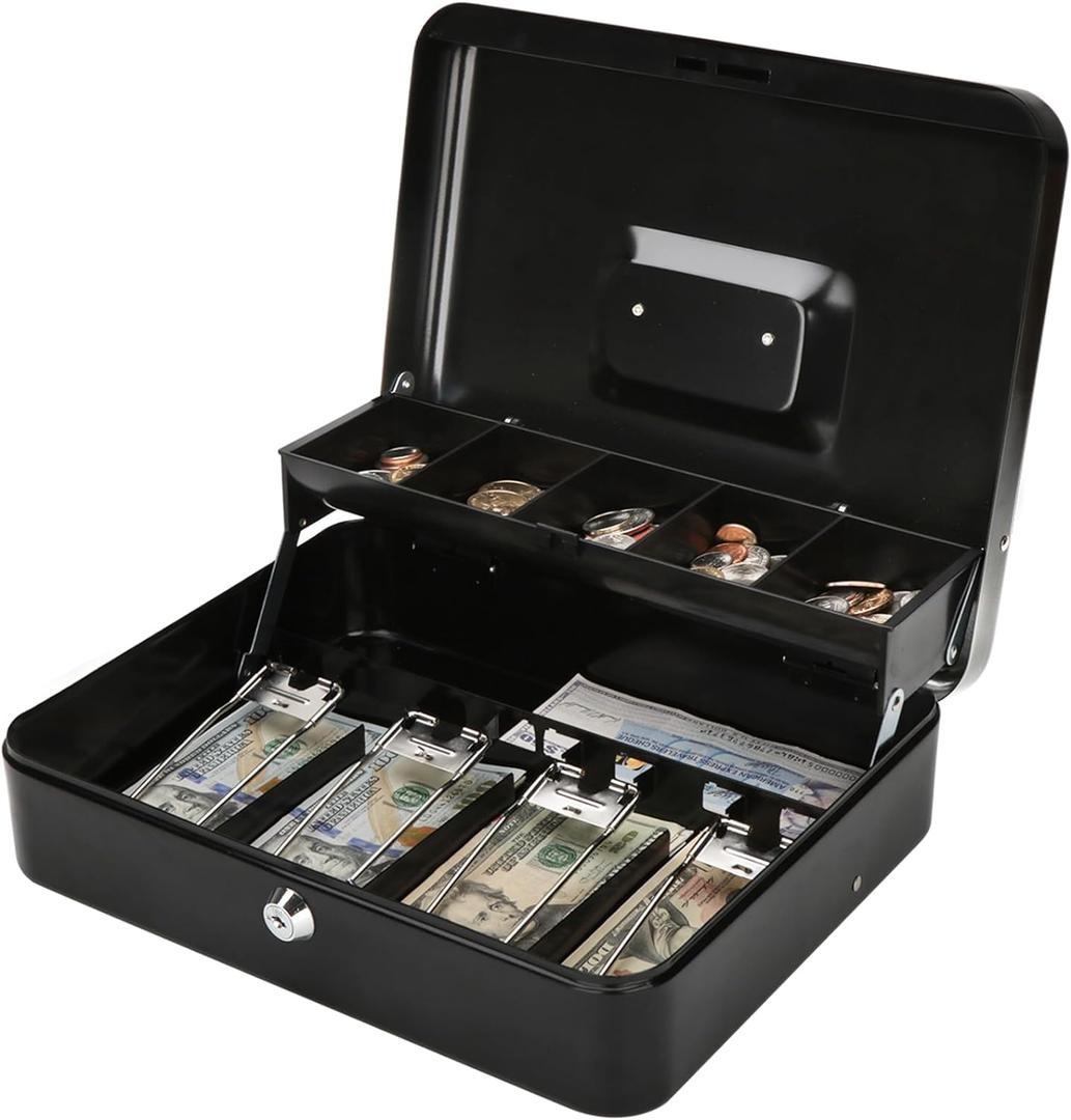 Jssmst Large Cash Box with Money Tray and Lock - Safe Box for Cash Saving Key Lock Money Organizer Box, 11.8L x 9.5W x 3.5H Inches, Black, SM-CB0501L, XLarge