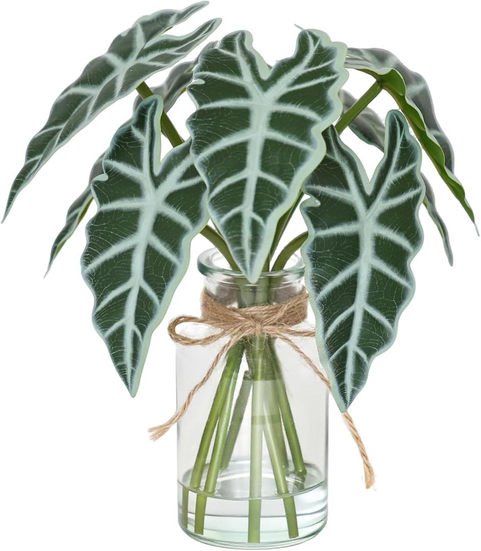 Muhanjia Artificial Flowers Turtle-Back, Alocasia Leaf, in Glass Vase with Faux Water,7Pcs Artificial Leaves Real Touch Latex Leaves for Centerpiece (1, Alocasia Leaf)