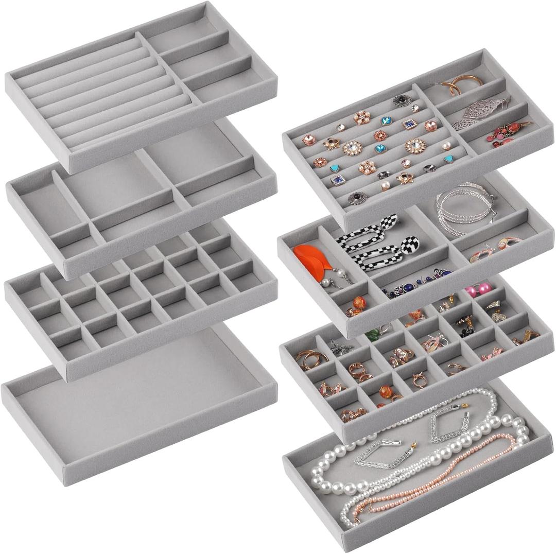 Set of 8 Velvet Jewelry Drawer Organizer Inserts, Stackable Trays with Removable Dividers, Earring and Ring Holder Display for Dresser, Storage Case for Necklace Bracelet Watch - Grey
