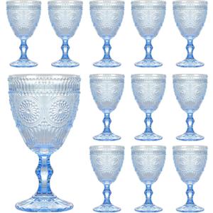 Vintage Wine Glasses Set of 12, 10 oz Glass Goblets Wine Glassware, Romantic Wedding Glass Set, Embossed Drinking Stemware Beverage Cups for Wedding Party Bar, Blue, standard
