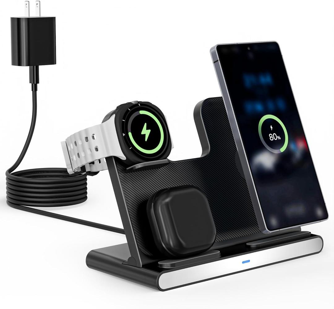 Samsung S25 Wireless Charger Station,3 in 1 Wireless Charger for Samsung Galaxy S25 Ultra/S24/S23/Z Fold/Flip 7/6/5,for Galaxy Watch 8/7/6/5/Pro,buds, Charging Station for iPhone 17/16/15 with Adapter