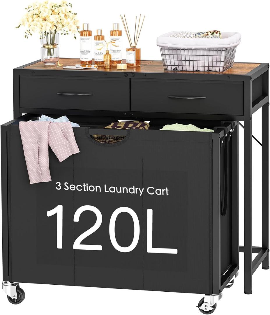 Laundry Sorter, Rolling Laundry Hamper with 3 Section Pull-Out Bags, Laundry Basket Organizer with 2 Drawers & 2-Tone Top Panel, Laundry Hamper with Wheels for Laundry Room Organization, Bathroom