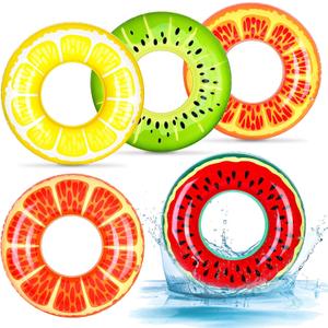 Elcoho 5 Pieces Inflatable Pool Floats 29.5 Inches Swim Tubes Rings Fruits Swimming Rings Big Beach Swimming Water Favors for Summer Outdoor Party Decorations