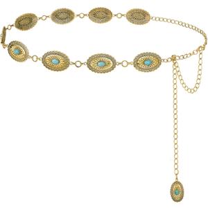FIORETTO Metal Waist Chain Link Belt for Women Western Cowgirl Boho Turquoise Belts for Dress Jeans Country Concert Outfit (Turquoise-gold-92)