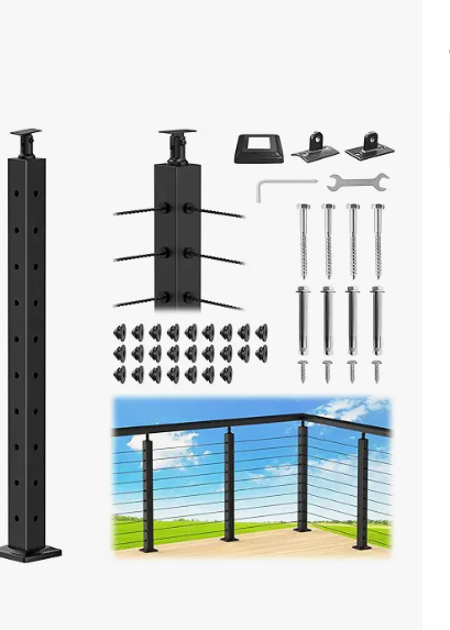 CKE Black Cable Railing Corner Post, 36" 2" x2" 90 Degree L-Drilled Corner Drilled Post with Rubber Cable Grommet for Cable Handrail Post, Adjustable Top Mount Corner Post for Deck