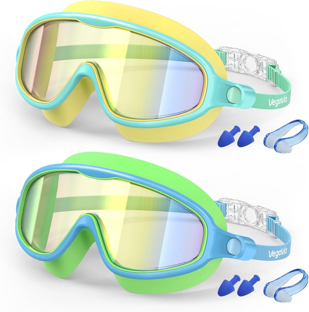 VegoVia Kids Swim Goggles 2 Pack, Anti-Fog UV Protection Wide View Swimming Goggles for kids 3-15 Youth Boys Girls Toddler